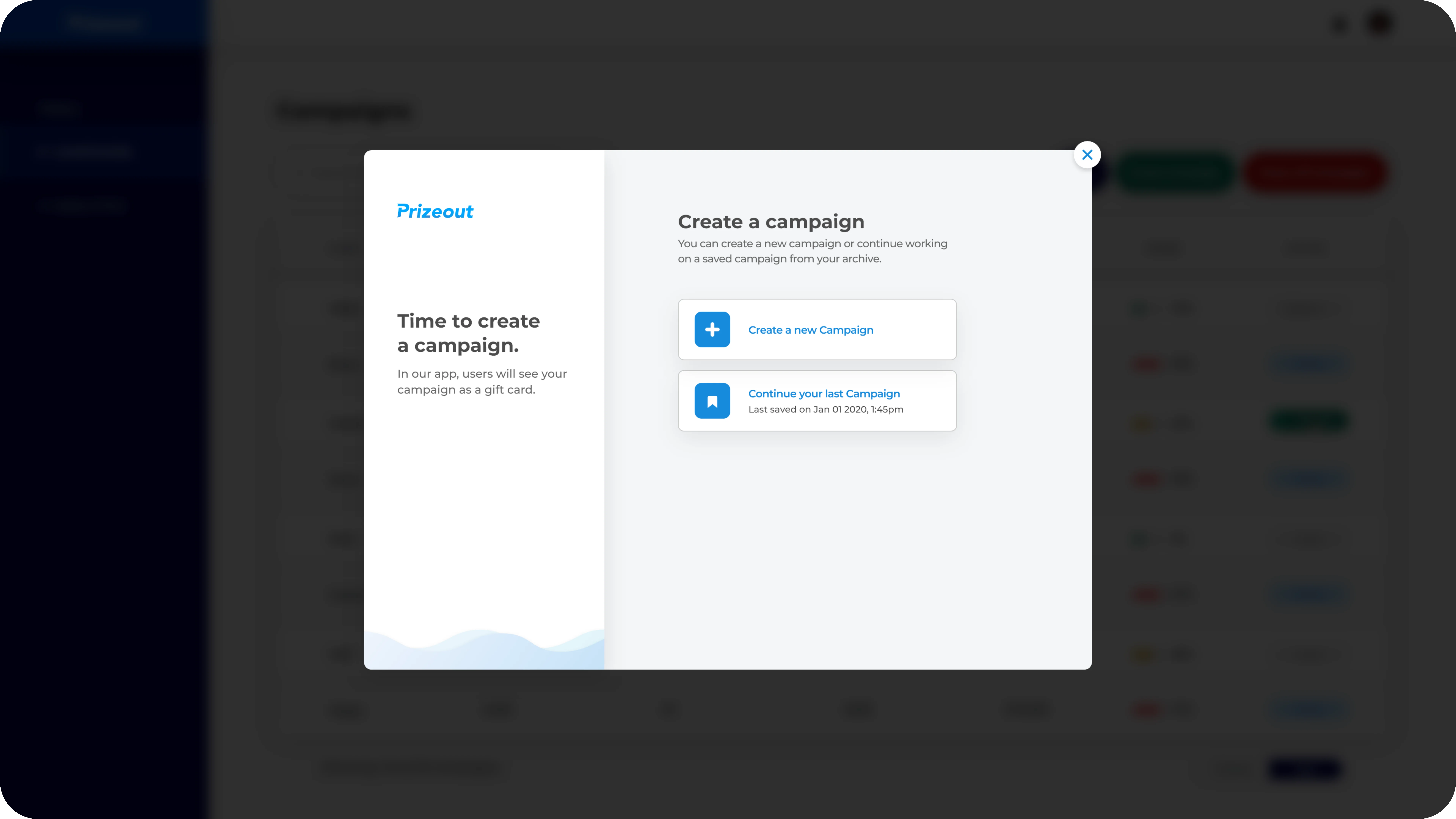 Prizeout create campaign, new or saved step