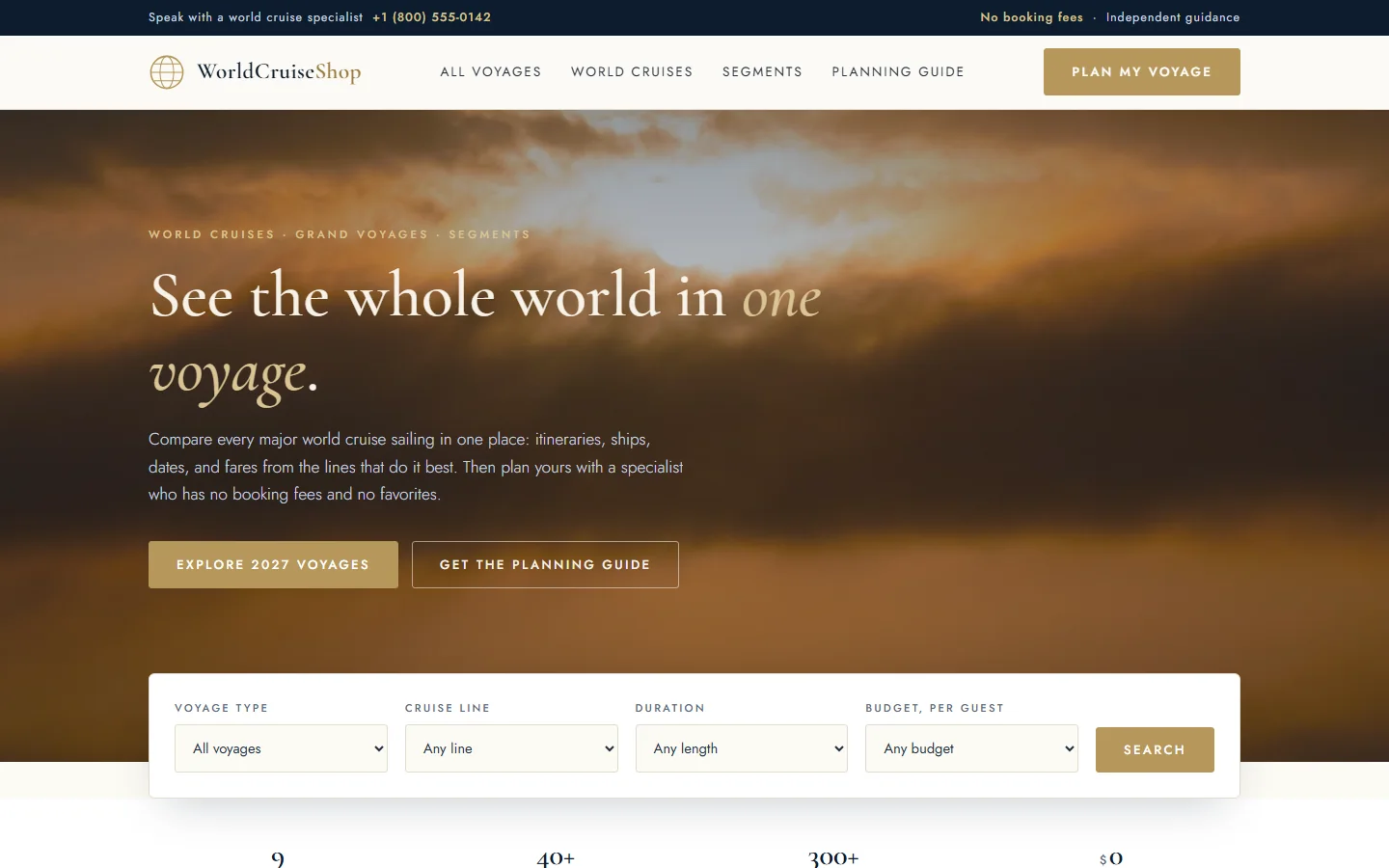 A travel website home page with a large photographic hero and a search panel