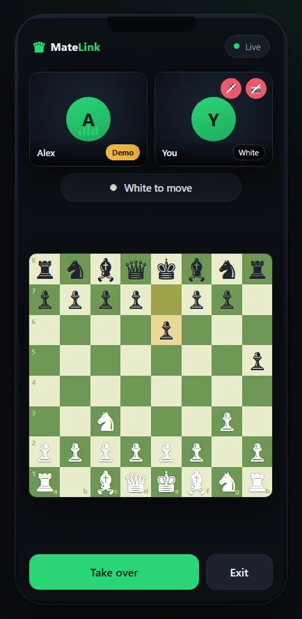 Chess app on a phone showing a live game between two players with video tiles above the board