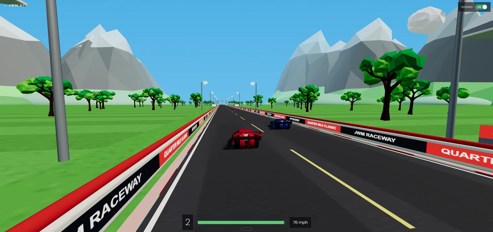Mid-race duel in JWM Raceway, the red car chasing the blue car down the tree-lined strip